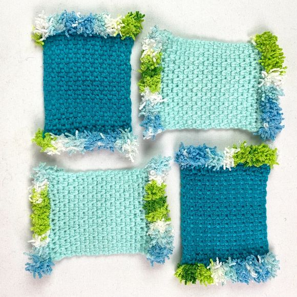 Mug Rugs Handmade Crochet Turquoise Blue Green White Cotton Fringe 4 Coasters - Picture 7 of 7